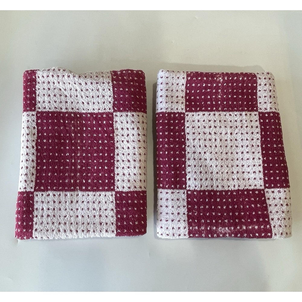 Cannon Royal Family Bath Towel Set Of 2 Checkered Burgundy & White Vintage 70s